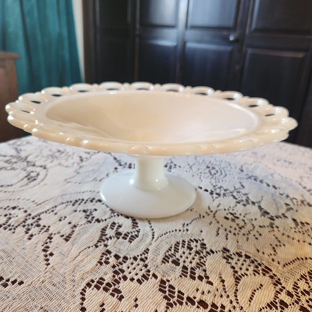 Vtg 11" Milk Glass Lace Edge Footed Dish, Centerpiece Fruit Bowl, Anchor Hocking